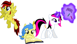Size: 3480x2015 | Tagged: safe, artist:audiobeatzz, imported from derpibooru, oc, oc only, oc:daylight, oc:google chrome, oc:radiant, pegasus, pony, unicorn, book, browser ponies, controller, female, flying, high res, joystick, magic, mare, pencil, prone, reading, simple background, transparent background, vector