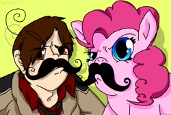 Size: 1207x816 | Tagged: safe, artist:saintssister47, imported from derpibooru, pinkie pie, earth pony, human, pony, duo, facial hair, female, mare, moustache, simple background