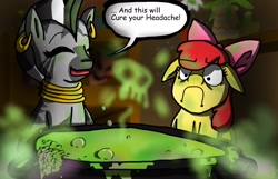 Size: 1440x929 | Tagged: safe, artist:saintssister47, imported from derpibooru, apple bloom, zecora, earth pony, pony, zebra, :c, cauldron, duo, floppy ears, frown, potion