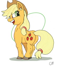 Size: 1108x1200 | Tagged: safe, artist:charlemage, artist:jimmyjamno1, imported from derpibooru, applejack, earth pony, pony, apple pony, butt, ear fluff, female, hooves, looking back, mare, open mouth, plot, simple background, smiling, solo, white background