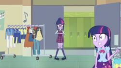 Size: 1366x768 | Tagged: safe, artist:unanimous123, edit, edited screencap, imported from derpibooru, part of a set, screencap, sci-twi, twilight sparkle, equestria girls, friendship games, alternate scenario, alternate timeline, backpack, bowtie, clothes, crystal prep academy uniform, dress, glasses, hair bun, high heels, lockers, music notes, necktie, part of a series, pleated skirt, school uniform, self paradox, shoes, skirt, socks, twolight, twolight timeline, what if