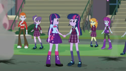 Size: 1366x768 | Tagged: safe, artist:unanimous123, edit, edited screencap, imported from derpibooru, part of a set, screencap, heath burns, jet set, mystery mint, orange sherbette, sci-twi, suri polomare, twilight sparkle, equestria girls, friendship games, alternate scenario, alternate timeline, background human, boots, bowtie, bracelet, canterlot high, clothes, crystal prep academy uniform, female, high heel boots, high heels, jacket, jewelry, leg warmers, necktie, pantyhose, part of a series, pleated skirt, ripped pantyhose, scarf, school uniform, self paradox, shoes, skirt, sneakers, socks, twolight, twolight timeline, what if