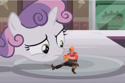 Size: 640x425 | Tagged: safe, edit, edited screencap, imported from derpibooru, screencap, sweetie belle, pony, forever filly, dancing, engineer, kazotsky kick, meme, micro, sweetie's plate, team fortress 2, this will end in death, this will end in explosions, tiny desk engineer