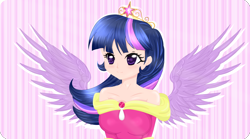 Size: 2250x1250 | Tagged: safe, artist:pacificaharrington, imported from derpibooru, twilight sparkle, human, big crown thingy, clothes, coronation dress, crown, dress, elements of harmony, female, humanized, jewelry, regalia, solo, spread wings, twilight sparkle (alicorn), winged humanization, wings