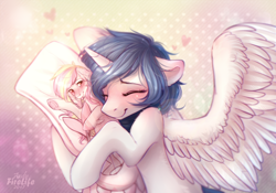 Size: 1000x700 | Tagged: safe, artist:andyfirelife, artist:fenwaru, imported from derpibooru, oc, oc only, alicorn, pony, alicorn oc, blushing, body pillow, eyes closed, floppy ears, heart, hug, solo, tongue out