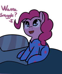 Size: 777x924 | Tagged: safe, artist:neuro, imported from derpibooru, pinkie pie, earth pony, pony, bed, bronybait, clothes, cute, dialogue, diapinkes, female, mare, open mouth, simple background, snuggles?, solo, transparent background