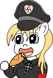 Size: 428x632 | Tagged: safe, artist:anonymous, imported from derpibooru, oc, oc only, oc:aryanne, anthro, anime, anthro oc, armband, breasts, clothes, corndog, eating, female, food, hat, heart, iron cross, meme, nazi, open mouth, sausage, simple background, solo, swastika, transparent background, uniform