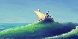 Size: 2000x1000 | Tagged: safe, artist:fynjy-87, imported from derpibooru, oc, oc only, oc:marussia, earth pony, pony, deviantart group, flag, nation ponies, ocean, russia, russian, sailboat, sailing, solo