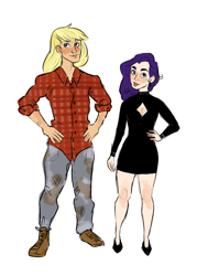 Size: 869x1217 | Tagged: safe, artist:beachyk, artist:beachysart, imported from derpibooru, applejack, rarity, human, black dress, clothes, dress, female, flannel, hand on hip, height difference, high heels, humanized, lesbian, nonbinary, rarijack, shipping, simple background, size difference, white background