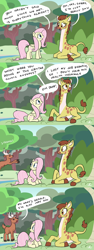 Size: 2700x7200 | Tagged: safe, artist:docwario, imported from derpibooru, clementine, fluttershy, oc, oc:gerald, deer, giraffe, pegasus, pony, fluttershy leans in, absurd resolution, comic, dialogue, female, male, mare, oh dear, prancing, prone, pun, shy, speech bubble, stag