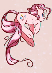 Size: 627x875 | Tagged: safe, artist:mirroredsea, imported from derpibooru, pinkie pie, earth pony, pony, abstract background, female, jumping, looking at you, looking back, looking back at you, mare, open mouth, simple background, smiling, solo