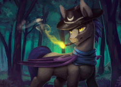 Size: 672x480 | Tagged: safe, artist:rodrigues404, imported from derpibooru, oc, oc only, bat pony, pony, animated, cigarette, cinemagraph, commission, cowboy hat, forest, gif, hat, male, rain, slit eyes, slit pupils, smoking, solo, stallion, stetson, tree