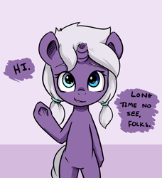 Size: 1280x1403 | Tagged: safe, artist:artguydis, imported from derpibooru, oc, oc only, oc:disastral, pony, unicorn, ask disastral, askdisastral, bipedal, broken horn, dialogue, female, looking at you, mare, pigtails, solo, underhoof