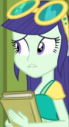 Size: 336x618 | Tagged: safe, imported from derpibooru, screencap, blueberry cake, equestria girls, equestria girls (movie), background human, book, cropped, female, lip bite, scared, solo, sunglasses