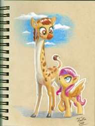 Size: 682x900 | Tagged: safe, artist:tsitra360, imported from derpibooru, clementine, fluttershy, giraffe, pegasus, pony, fluttershy leans in, duo, female, looking at each other, looking down, looking up, mare, notebook, signature, smiling, traditional art