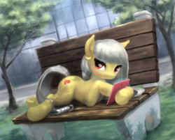 Size: 970x780 | Tagged: safe, artist:bakuel, imported from derpibooru, oc, oc only, oc:interwebz, earth pony, pony, bench, building, city, female, hoof hold, ipad, mare, newspaper, solo, tree, underhoof