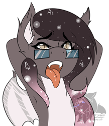 Size: 1540x1775 | Tagged: safe, artist:shilohsmilodon, imported from derpibooru, oc, oc only, oc:gradient wish, bat pony, pony, ahegao, arm behind head, armpits, female, glasses, open mouth, simple background, solo, tongue out, white background