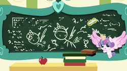 Size: 1280x720 | Tagged: safe, edit, edited screencap, imported from derpibooru, screencap, princess flurry heart, alicorn, pony, a flurry of emotions, chalk, chalkboard, diaperless edit, exploitable meme, female, filly, flurry art, flurry heart's chalkboard, flying, magic, meme, nude edit, nudity, solo, teddy bear