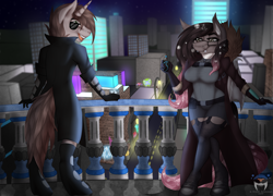 Size: 2500x1800 | Tagged: safe, artist:shilohsmilodon, imported from derpibooru, oc, oc only, oc:gradient wish, oc:order compulsive, anthro, alcohol, balcony, city, cityscape, cyberpunk, vape