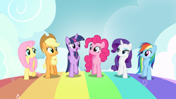 Size: 7680x4320 | Tagged: safe, artist:frownfactory, imported from derpibooru, applejack, fluttershy, pinkie pie, rainbow dash, rarity, twilight sparkle, alicorn, earth pony, pegasus, pony, unicorn, all bottled up, absurd resolution, best friends until the end of time, female, mane six, twilight sparkle (alicorn), vector, wallpaper