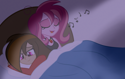 Size: 1024x647 | Tagged: safe, artist:wubcakeva, imported from derpibooru, oc, oc only, oc:contralto, oc:cupcake slash, equestria girls, bed, blanket, clothes, cute, disguised siren, equestria girls-ified, female, lesbian, lullaby, pillow, sleeping