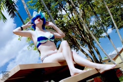 Size: 1086x724 | Tagged: safe, artist:krazykari, imported from derpibooru, dj pon-3, vinyl scratch, human, armpits, belly button, bikini, clothes, cosplay, costume, irl, irl human, photo, solo, swimsuit, tree