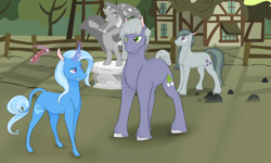 Size: 5400x3240 | Tagged: safe, artist:xenalollie, imported from derpibooru, limestone pie, marble pie, trixie, classical unicorn, earth pony, pony, unicorn, equestria daily, absurd resolution, chisel, curved horn, female, high res, leonine tail, lesbian, levitation, magic, narcissism, shipping, size difference, statue, telekinesis, trixstone, unamused