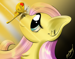 Size: 4200x3300 | Tagged: safe, artist:raptorpwn3, imported from derpibooru, fluttershy, butterfly, pony, absurd resolution, bust, butterfly on nose, crepuscular rays, cute, female, hope, insect on nose, looking at something, mare, portrait, profile, sad, smiling, solo