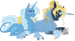 Size: 1500x834 | Tagged: safe, artist:cranberry--zombie, artist:legally-psychotic, imported from derpibooru, trixie, oc, oc:masquerade, classical unicorn, pony, unicorn, cloven hooves, female, leonine tail, male, mare, mother and son, offspring, parent:prince blueblood, parent:trixie, parents:bluetrix, prone, simple background, stallion, transparent background, unshorn fetlocks