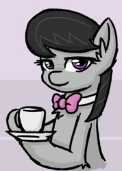 Size: 720x1014 | Tagged: safe, artist:plunger, imported from derpibooru, octavia melody, earth pony, pony, 4chan, bowtie, cup, drawthread, female, hoof hold, lidded eyes, saucer, smiling, solo