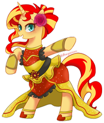 Size: 900x1059 | Tagged: safe, artist:buryooooo, imported from derpibooru, sunset shimmer, pony, unicorn, dance magic, equestria girls, spoiler:eqg specials, clothes, cute, dress, female, mare, shimmerbetes, smiling, solo