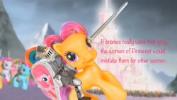 Size: 2208x1242 | Tagged: safe, edit, edited screencap, imported from derpibooru, screencap, pinkie pie, rainbow dash (g3), scootaloo (g3), human, brony stereotype, collegehumor, fantasy class, g3.5, humans riding ponies, knight, riding, stereotype, stock vector, the fall of pinterest, toy, warrior