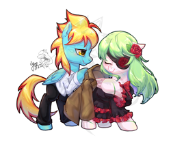 Size: 1024x866 | Tagged: safe, artist:ogre, imported from derpibooru, oc, oc only, pony, clothes, dress, duo, eyepatch, eyes closed, flower, simple background, white background