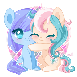 Size: 600x600 | Tagged: safe, artist:exceru-karina, imported from derpibooru, oc, oc only, oc:fantasy heart, oc:twinkle heart, pony, blushing, cute, duo, hug, no pupils, simple background, transparent background