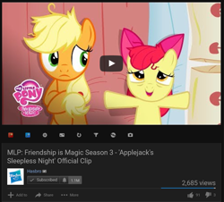 Size: 983x890 | Tagged: safe, imported from derpibooru, screencap, apple bloom, applejack, earth pony, pony, apple family reunion, bed, duo, female, filly, hasbro, mare, on back, out of context, pillow, thumbnail, youtube, youtube link