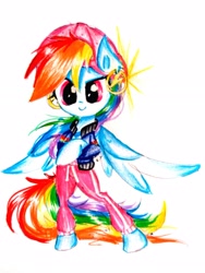 Size: 2120x2821 | Tagged: safe, artist:liaaqila, imported from derpibooru, rainbow dash, pegasus, pony, dance magic, equestria girls, spoiler:eqg specials, bipedal, ear piercing, female, looking at you, mare, piercing, rapper dash, simple background, solo, traditional art, white background