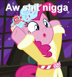 Size: 1011x1080 | Tagged: safe, edit, edited screencap, imported from derpibooru, screencap, pinkie pie, pony, a hearth's warming tail, bipedal, cropped, female, hooves in air, image macro, nigga, racial slur, solo, vulgar