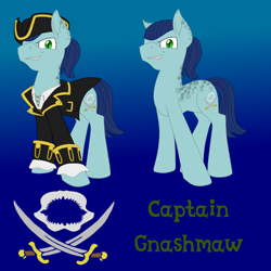 Size: 4000x4000 | Tagged: safe, artist:glacierfrostclaw, imported from derpibooru, oc, oc only, oc:captain gnashmaw, kelpie, pony, shark, clothes, hat, male, pirate, reference sheet, stallion, sword, weapon