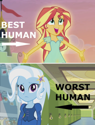 Size: 1084x1430 | Tagged: safe, imported from derpibooru, sunset shimmer, trixie, equestria girls, image macro, meme, op is a duck, op is trying to start shit, worst human, worst pony