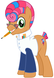 Size: 2100x3000 | Tagged: safe, artist:cheezedoodle96, imported from derpibooru, starstreak, earth pony, pony, honest apple, .svg available, clothes, looking at you, male, mouth hold, pencil, shirt, simple background, smiling, solo, stallion, svg, transparent background, vector