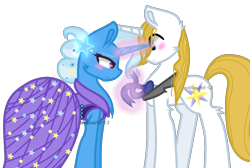 Size: 938x632 | Tagged: safe, artist:written145, imported from derpibooru, prince blueblood, trixie, pony, unicorn, bluetrix, bowtie, clothes, dress, female, gala dress, male, mare, shipping, straight