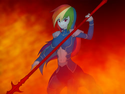 Size: 3117x2339 | Tagged: safe, artist:pyrus-leonidas, imported from derpibooru, lancer, rainbow dash, equestria girls, badass, belly button, clothes, cosplay, costume, crossover, cu chulainn, fate/stay night, female, fire, gae bolg, looking at you, solo, spear, weapon