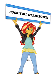 Size: 950x1278 | Tagged: safe, artist:manly man, edit, imported from derpibooru, sunset shimmer, equestria girls, drama, exploitable meme, female, implied starlight glimmer, meme, op is a duck, op is trying to start shit, out of character, sign, solo, starlight drama, sunset's board, vulgar