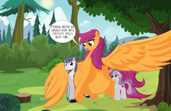 Size: 1024x666 | Tagged: safe, artist:cosmonaut, imported from derpibooru, rumble, scootaloo, sweetie belle, pegasus, pony, bedroom eyes, growth, hug, macro, male, older, older scootaloo, older sweetie belle, pregnant, pregnant scootaloo, rumbloo, shipping, size, size difference, straight, this will end in even more pregnancies, winghug, wings