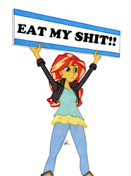 Size: 950x1278 | Tagged: safe, artist:manly man, edit, imported from derpibooru, sunset shimmer, equestria girls, exploitable meme, female, insult, meme, sign, solo, sunset's board, vulgar