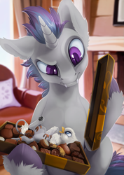 Size: 1061x1500 | Tagged: safe, artist:arctic-fox, imported from derpibooru, oc, oc only, oc:der, oc:verlo streams, bat pony, bat pony unicorn, griffon, hybrid, pony, unicorn, box of chocolates, candy, chocolate, commission, duo, fangs, food, male, micro, size difference, smiling, stallion