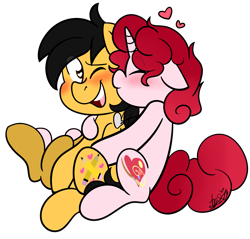 Size: 2845x2721 | Tagged: safe, artist:befishproductions, imported from derpibooru, oc, oc only, oc:jessiekat, oc:pencil swift, earth pony, pony, unicorn, blushing, female, high res, kissing, male, mare, signature, simple background, stallion, transparent background