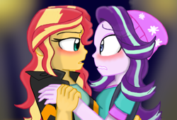 Size: 1653x1122 | Tagged: safe, artist:shonatabeata, imported from derpibooru, starlight glimmer, sunset shimmer, equestria girls, mirror magic, spoiler:eqg specials, beanie, blushing, duo, female, hat, lesbian, looking at each other, shimmerglimmer, shipping, wavy mouth