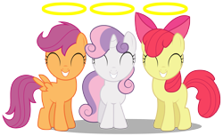 Size: 4891x3000 | Tagged: safe, artist:brony-works, imported from derpibooru, apple bloom, scootaloo, sweetie belle, earth pony, pegasus, pony, unicorn, season 1, stare master, ^^, absurd resolution, adorabloom, cute, cutealoo, cutie mark crusaders, cutie mark cuties, diasweetes, eyes closed, female, filly, grin, halo, high res, simple background, smiling, this will end in tears and/or death and/or covered in tree sap, transparent background, trio, trio female, vector