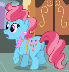 Size: 421x442 | Tagged: safe, imported from derpibooru, screencap, cup cake, earth pony, pony, lesson zero, apron, butt, clothes, cropped, ear piercing, earring, female, jewelry, mare, piercing, plot, solo